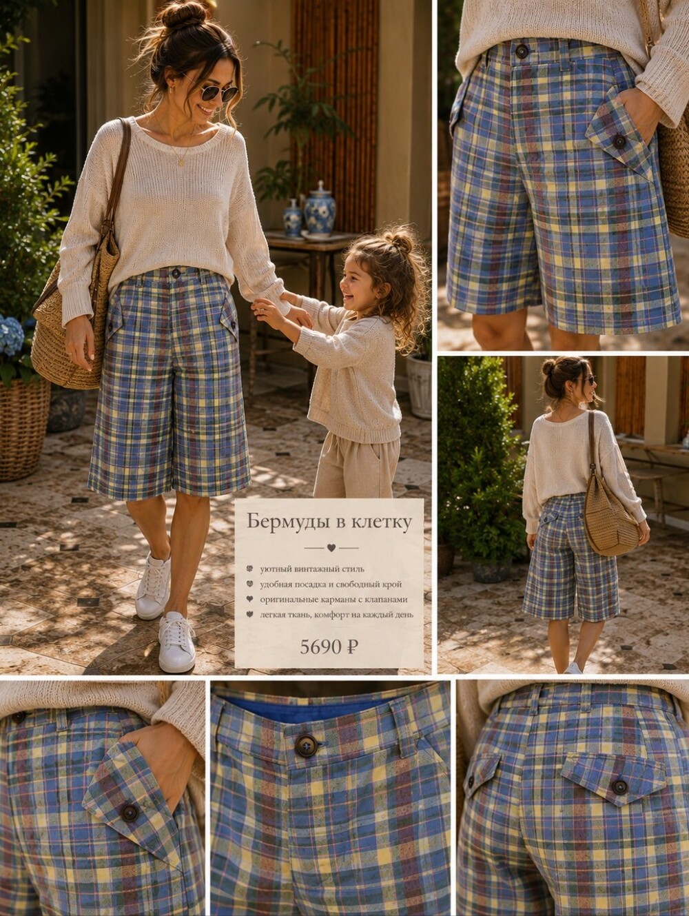 Free People Plaid Bermuda Shorts in Blue, Yellow, Green, NWT, 10